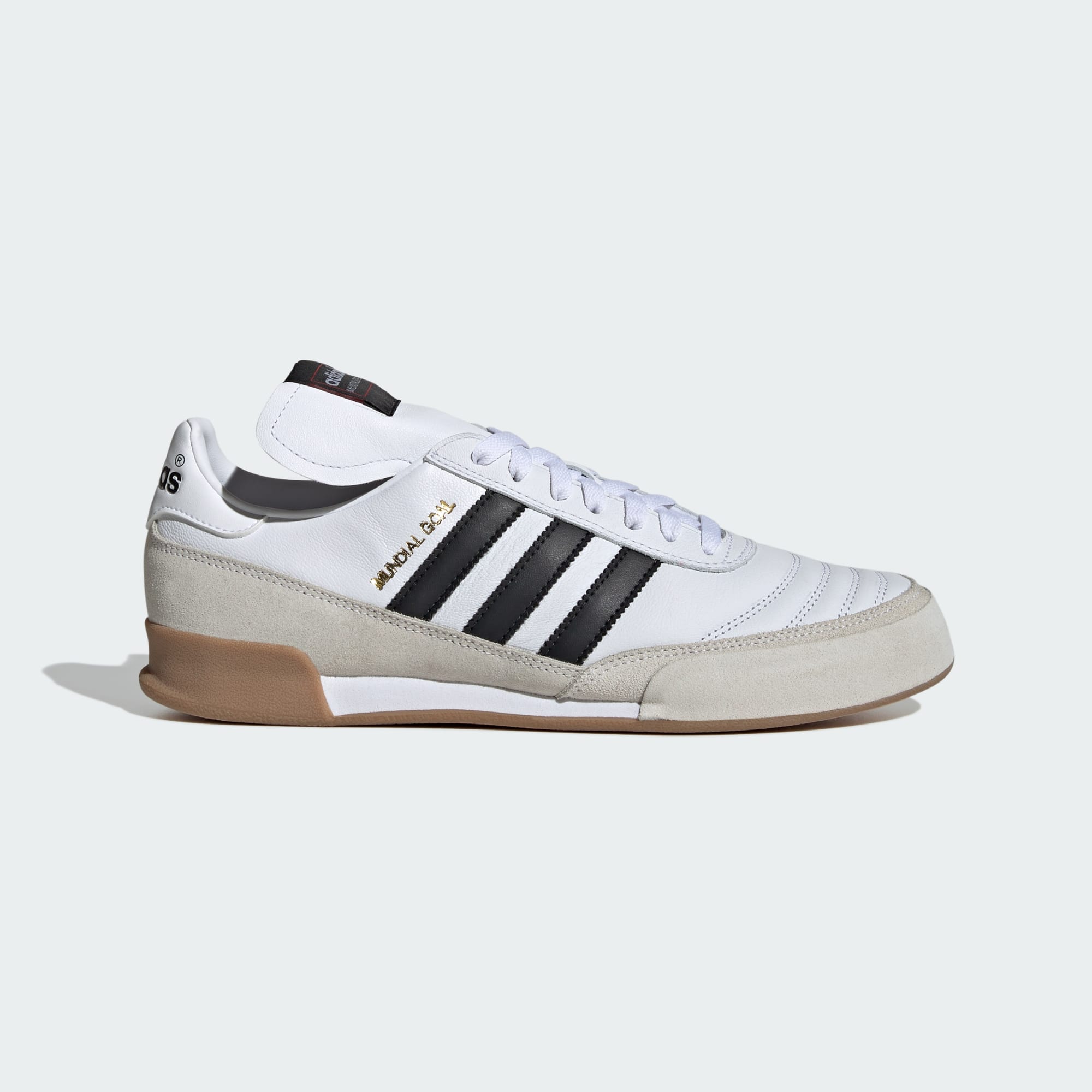 Side View of Adidas Mundial Goal Indoor Soccer Shoes - Split-Suede Leather Upper with Gum Rubber Outsole, Item Number ID4047