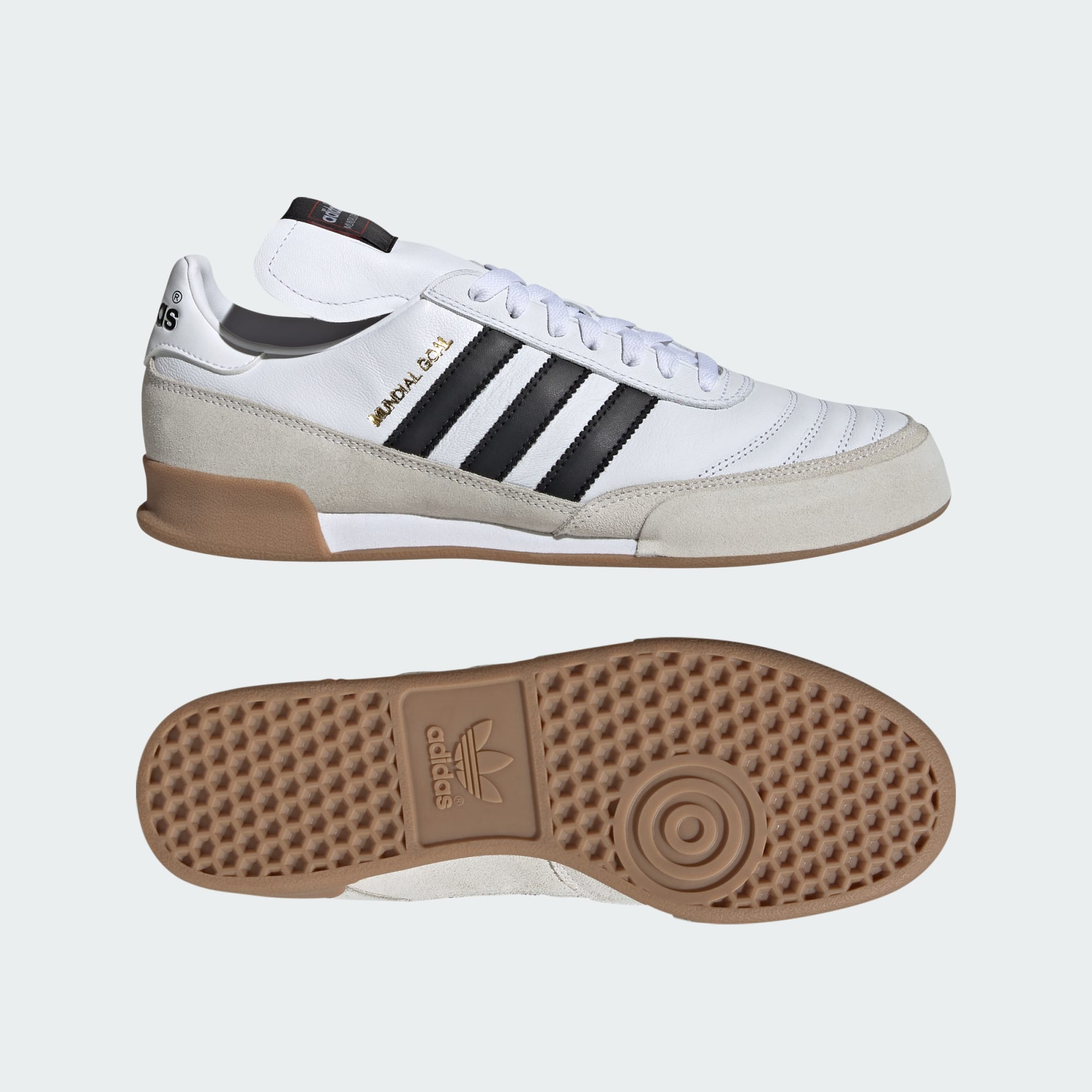 Adidas Mundial Goal Indoor Soccer Shoes - Front View in Cloud White/Core Black/Gold Metallic, Item Number ID4047