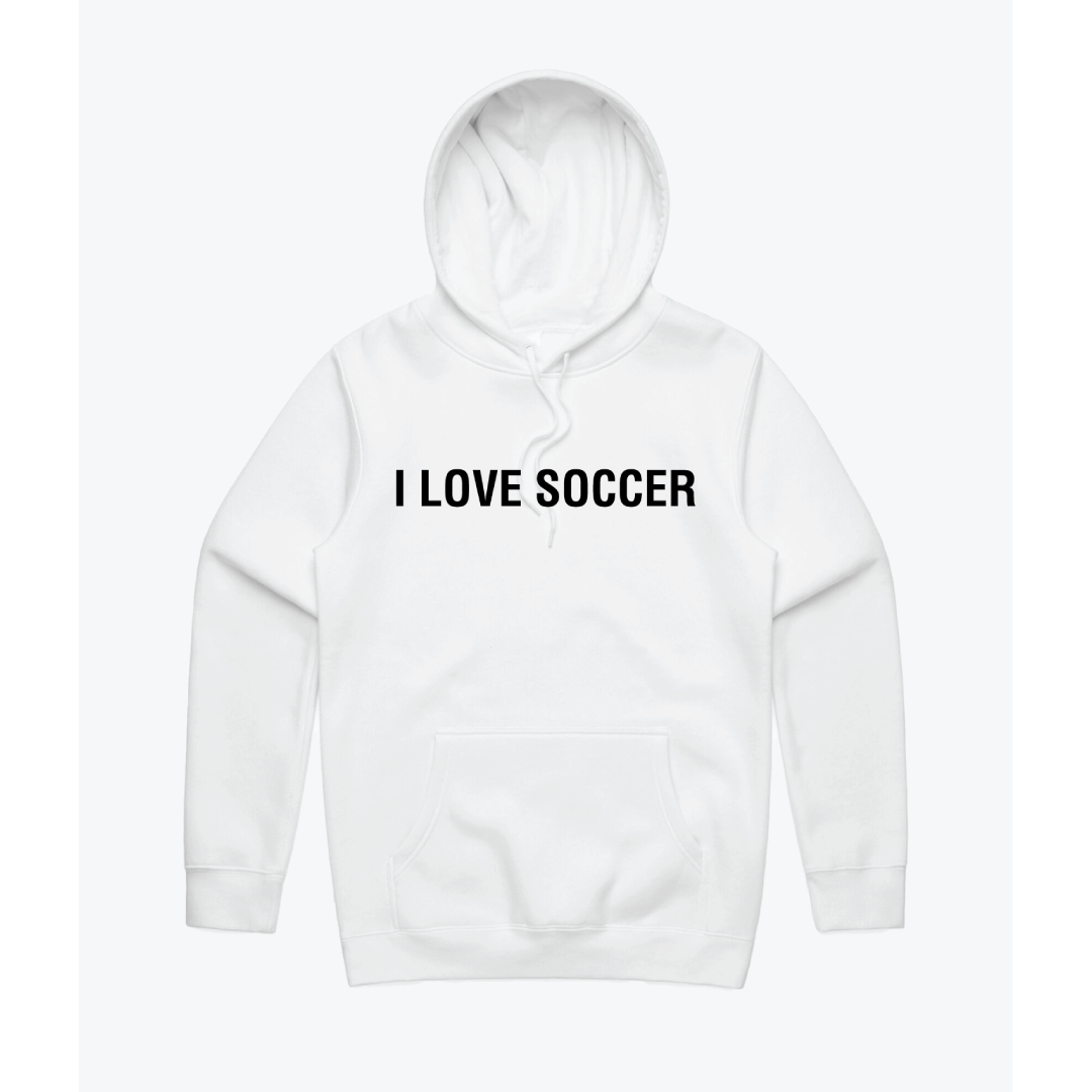 Peace Collective 2023 Leagues Cup White Hoodie with &#39;I Love Soccer&#39; Front and Logo on Back