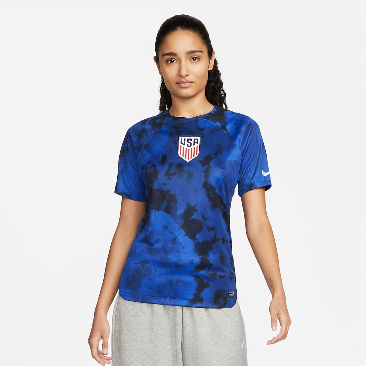 Model wearing the new Nike USA Away Jersey for the 2022 World Cup in Qatar